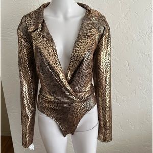 Deep V Metallic Faux Snake Skin Bodysuit